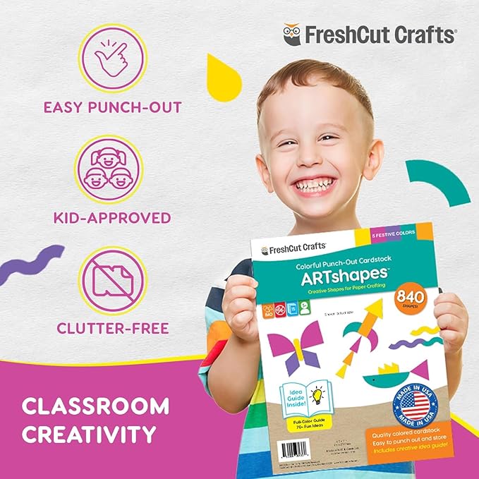 ARTshapes 840 pc Creative Paper Shapes Pack with 70+ Idea Guide - US Made Card Stock - Punch Out Funky DIY Craft Supplies for Whimsical Art Designs, Paper Crafts, and Pattern Play 5 Festive Colors