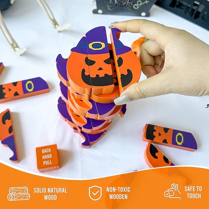 AerWo Wooden Blocks Stacking Games, Tumbling Tower and Balance Halloween Games for Kids, for Kids and Adults Ages 6+, Pumpkin Toys Wood Blocks Twister Game for Family