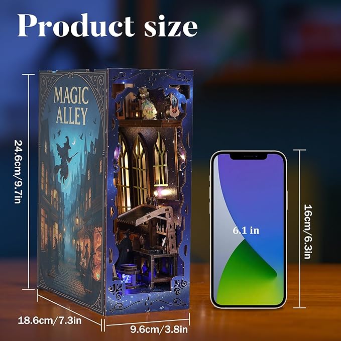 DIY Book Nook Kit for Adults - Magic Alley Miniature House Diorama, 3D Wooden Puzzle Bookend Bookshelf Insert Decor with LED Light, Wizard-Themed Miniature Kit Gifts for Fantasy Lovers