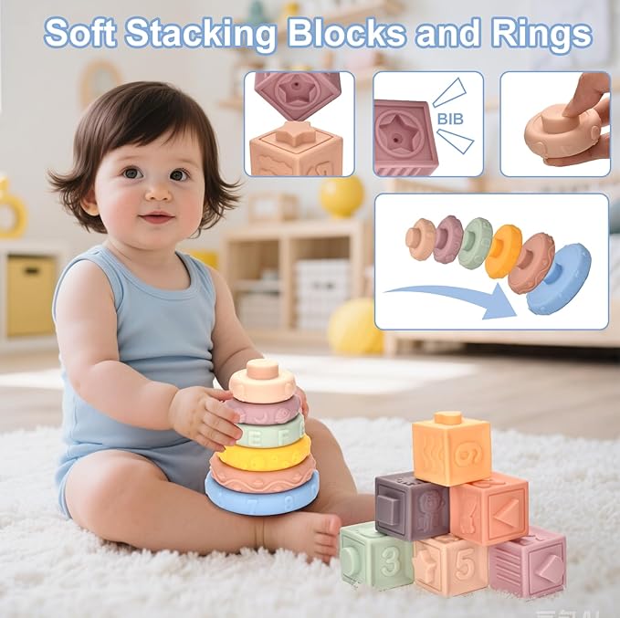 Montessori Toys for 1 Year old,Baby Toys 6-12 Months,6-in-1 Sensory Toy for Babies 6 month old,Stacking Blocks Cups,Pull String,Matching Eggs,Sensory Tissue Box Toy for Toddlers 6-9-12 Months Gifts