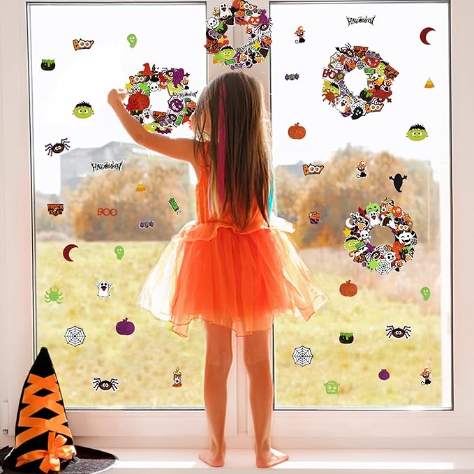 Openfly 12 Sets Halloween Wreath Craft Kit for Boys Girls, Halloween Wreath Sign Decorations Pumpkin Spider Bat Candy Stickers DIY for Home Classroom Party Decor