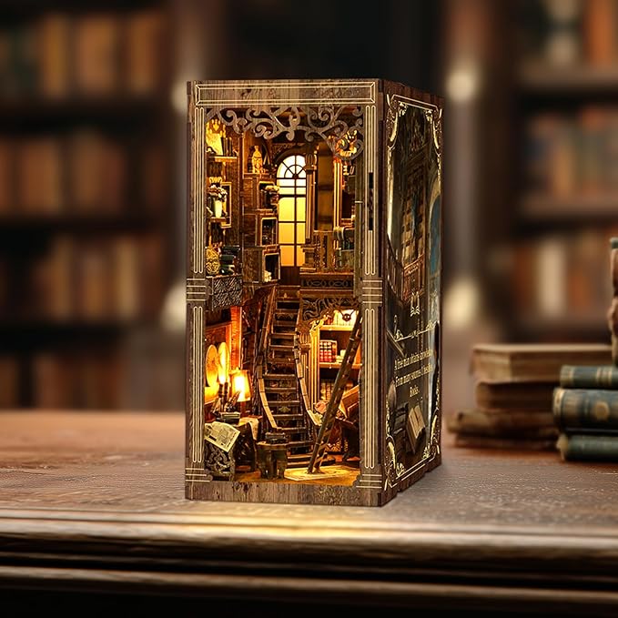 Book Nook Kit - DIY Enchanted Cottage Miniature House for Adults & Teens, 3D Wooden Puzzle Booknook with LED Lights, Bookshelf Insert Decor & Creative Model Building(Antique Books Collection Room)