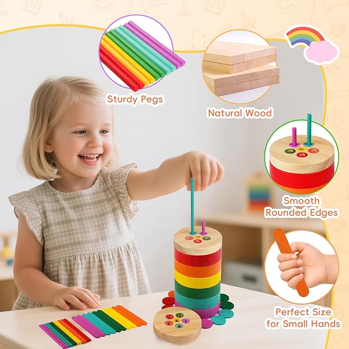 Montessori Toys, 4 in 1 Wooden Color Sorting Toys for Toddlers Sensory Fun Play Preschool Learning Activities Fine Motor Skills Educational Toys for Age 2 3 4 5 Boys Girls Gifts