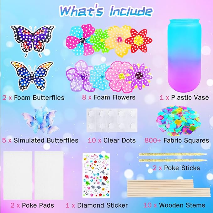 FJBICODA Poke Art Flower Bouquet Craft Kit - Arts and Crafts for Girls Ages 5-12 - Make Your Own Bouquet with 8 Flowers 2 Butterflies & 1 Vase - DIY Activities Gifts for 5 6 7 8 9 10+ Year Old Kids