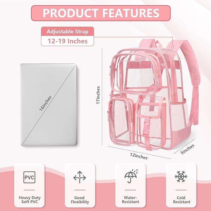 Attmu Pink Clear Backpack, Heavy Duty PVC Clear Bag for Stadium Events, Transparent Backpack with Reinforced Straps & Stitches for Girls Boys, Large Capacity Bookbag for School, Travel, College, Work