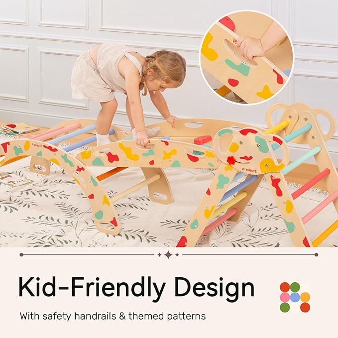 wingyz Pikler Triangle Climbing Set with Cushion,Wooden 8 in 1 Jungle Gyms for Toddlers 1-3, Indoor Playground for Kids,Baby Montessori Climber Gift(Rainbow)