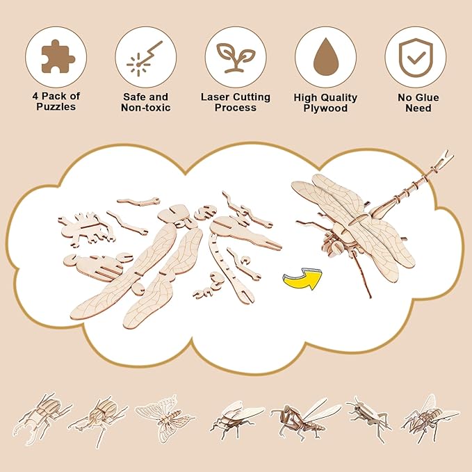 ELX Wooden 3D Puzzles for Kids 6+, 8 Piece Set Insect Animal Models, Wood Building Kits DIY Wooden Crafts Stem Toys peresents for Kids and Adults
