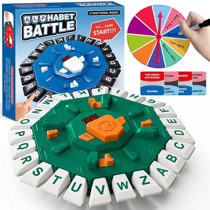 Family Board Word Games for Kids & Adults w/Display Timer, Fast Paced 24-Letter Learning Party Card Game with Spinning Penalty Wheel, 2 Modes & 220 Topics, Xmas & Birthday Gifts, Green