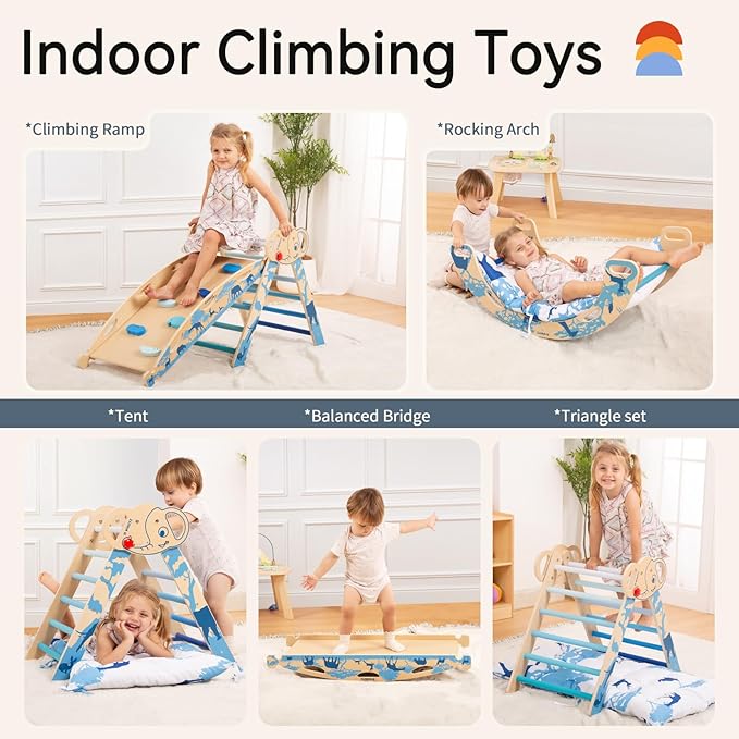 wingyz 8-in-1 Pikler Triangle Set-Wooden Baby Climbing Toys with Cushion,Arch, Ramp & Ladder | Montessori Toddler Climber Indoor Jungle Gym for Kids (Blue)