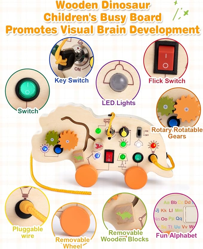 2-in-1 Busy Board & Pull Toys for Toddlers 1-3: Dinosaur Busy Board with Led Light, Educational Learning Toys Wooden Multi-Sensory Board with 4 Movable Wheels, Montessori Toys for 1 2 3 Year Old