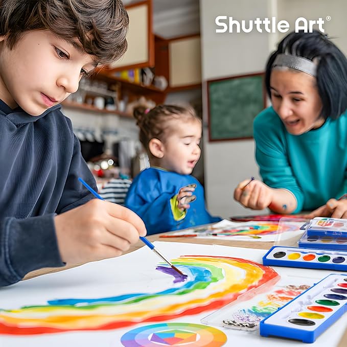 Shuttle Art 24 Pack Watercolor Paint Set, 8 Colors with Paint Brushes & Color Wheels, Washable for Kids & Adults, Suitable for Classroom, Parties, Kindergarten & Art Activities
