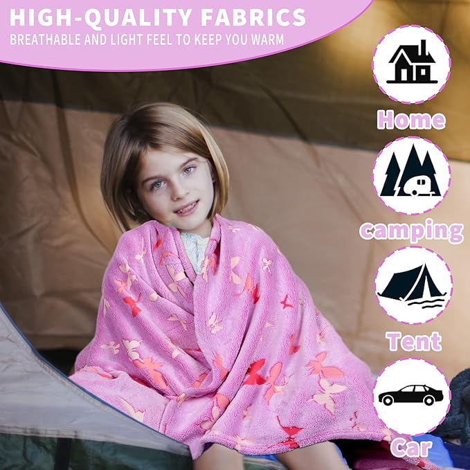 Glow in The Dark Blanket Butterfly Gifts for Kids Girls Birthday Christmas Bedroom Bed Room Decor Soft Cozy Fluffy Plush Fleece Premium Luminous Throw Fun Cool for Teen Toddler 50"x60"