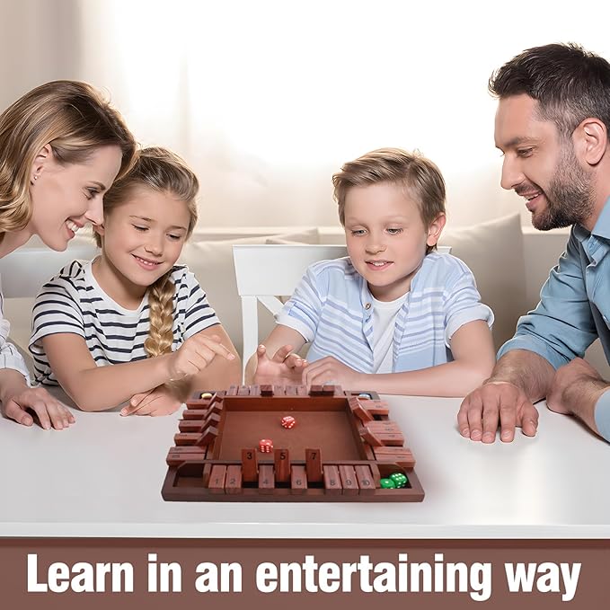 MerryPony Shut The Box Game 4 Player, Wooden Board Game with 10 Numbers, 12 Inch Close The Box Game with 12 Dice, Classic Family Dice Game for Adults, Tabletop Math Game for Pub Classroom Party