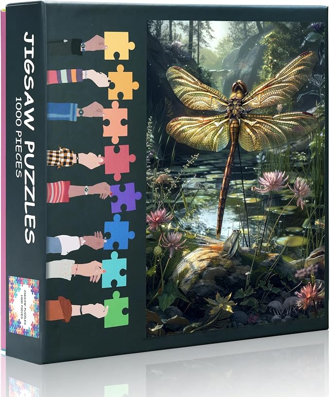 1000 Piece Jigsaw Puzzle for Adults - Serene Pond Scene with Dragonfly & Water Lilies, Premium 27.5x19.7 in Puzzle Board, Nature Art 1000-Piece Puzzle for Adults