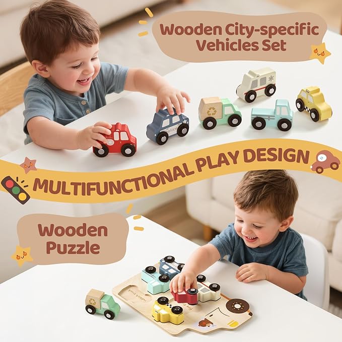 Wooden Toddler Puzzles,Montessori Vehicle Puzzles for Toddlers,Montessori Toys for 1 2 3 Years Old Boys Girls Educational Toys with 6 Emergency and City Vehicles,Wooden Toy Cars for Toddler 1-3