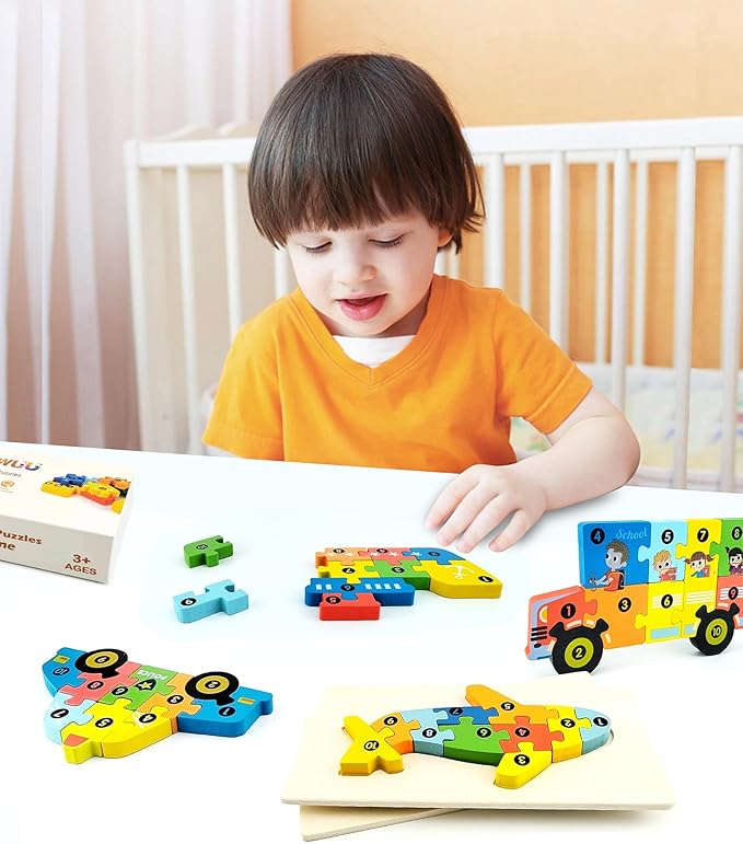 4-Pack Wooden Vehicle Puzzles for Kids Ages 3-5, Ideal Gift for Toddlers