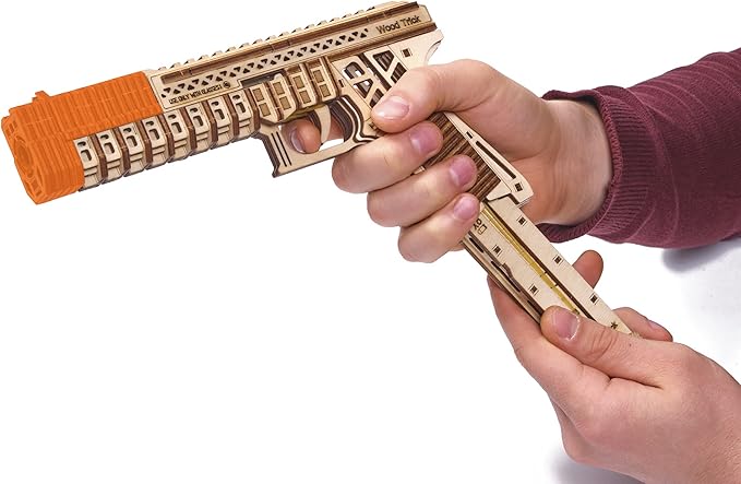 Wood Trick Defenders Gun 3D Wooden Puzzles for Adults to Build - Shoots up to 13 ft - 2 Clips - 9x5 in - Wooden Model Kits for Adults - 14+