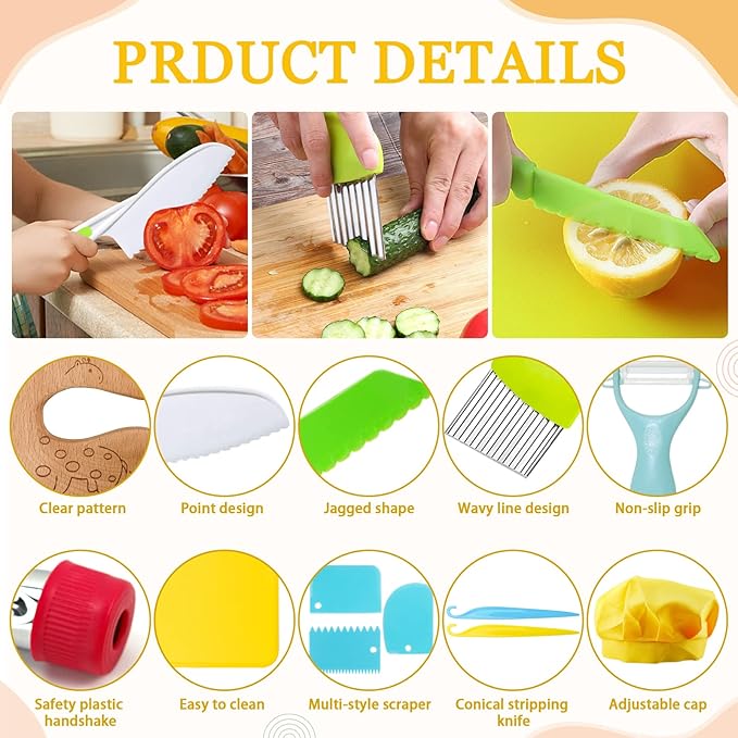 RISICULIS 21 Pieces Toddler Knife, Kids Knife Set Includes Wood Kids Safe Knife, Plastic Toddler Knife, Cutting Board, Apron, Chef Hat, Y Peeler, Crinkle Cutter, Cake Scraper, Gloves, Sandwich Cutter