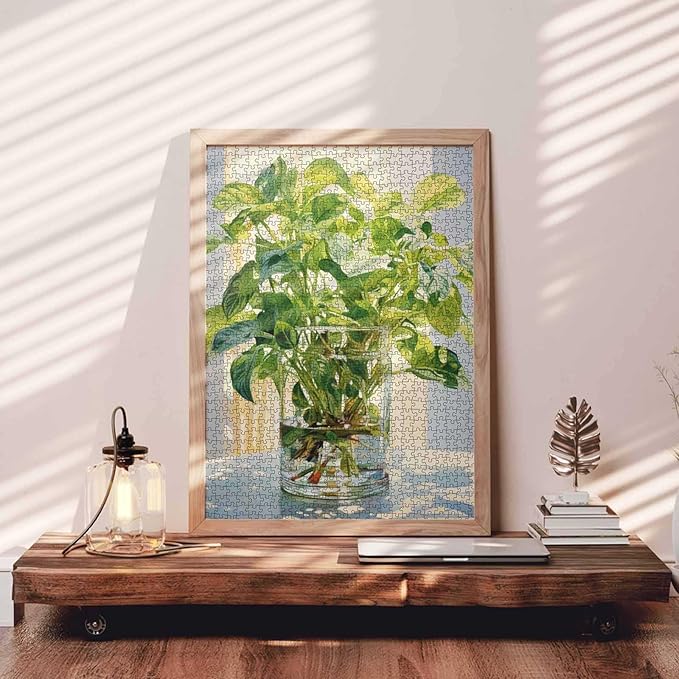 1000 Piece Jigsaw Puzzles for Adults Green Plants in Glass Vase Picture Jigsaw Puzzle Plant 1000 Pieces Puzzles Game Green Leaves Wall Decor DIY Craft Puzzle Relaxing Puzzle Art