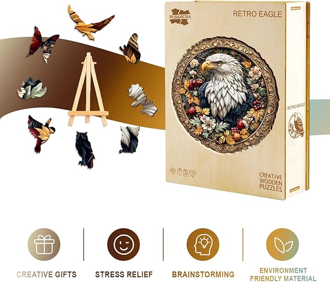 Wooden Puzzles for Adults - Retro Eagle Wooden Jigsaw Puzzle, Unique Animal Shaped Wood Puzzles Adult, Christmas Birthday Gifts for Friends/Family, Home Decor 8.5 * 8.5in 100pcs