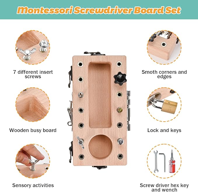 Wooderma Montessori Toys for 3 4 5 Year Old with Lock and Key, Wooden Sensory Toddler Screwd Tool Set, Montessori Screwdriver Board Set, Fine Motor Skills Toys for Educational Preschool Gift for Boys