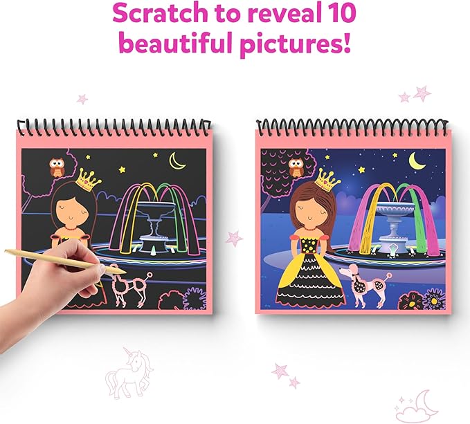 Skillmatics Scratch Art Book for Kids - Unicorns & Princesses, Craft Kits & Supplies, 30+ Scratch Stickers, Travel Toys, DIY Kit, Gifts for Girls & Boys Ages 3, 4, 5, 6, 7, 8