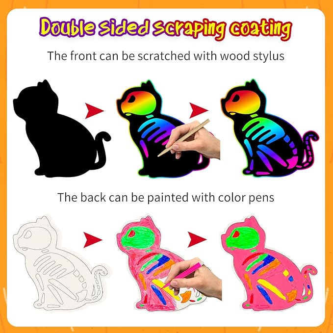 Natonhi Halloween Crafts Scratch Art for Sudent, 96PCS Halloween Games Magic Rainbow Scratch Paper Off Cards Set for Sudent Classroom Activities Crafts Party Favors