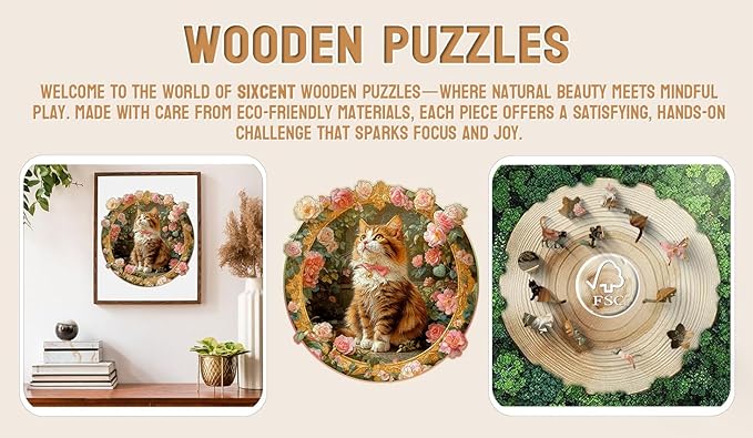 Wooden Jigsaw Puzzle, 200-500 Pieces Unique Shape Animal Puzzle, for Adults & Kids, Birthday Gift Family Game, Decorative Puzzle, Unique Gift (Rosy Kitty, 200 PCS)