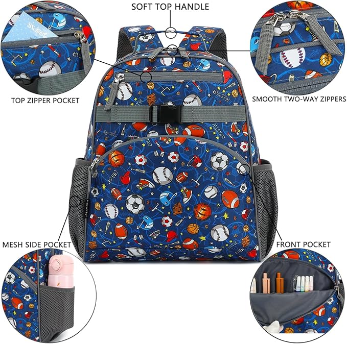 FlowFly Kids Backpack for Toddler Boys Girls, Simple Lightweight Bookbag for Daycare Kindergarten Elementary School Travel, Small Modern Bag (Medium 15''), Football