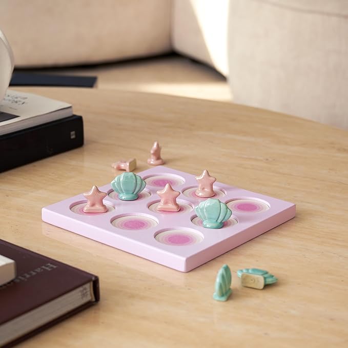 WDS WONDROUS Tic Tac Toe Game, Pink Coffee Table Centerpiece Decoration, Summer Beach Themed Wood Board Game with Ceramic Shell & Starfish, Coastal Girl's Room Decor, Fun&Cute Gifts for All-7.9 Inch