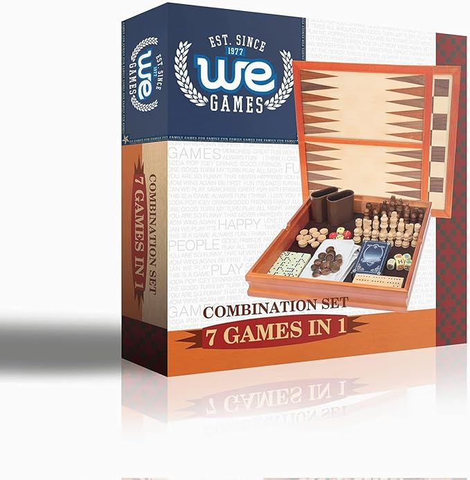 WE Games 7-in-1 Wooden Combo Game Set - Chess, Checkers, Backgammon, Dominoes, Cribbage, Dice & Cards, Walnut Wood 12 inch Combination Board Game Set for Adults