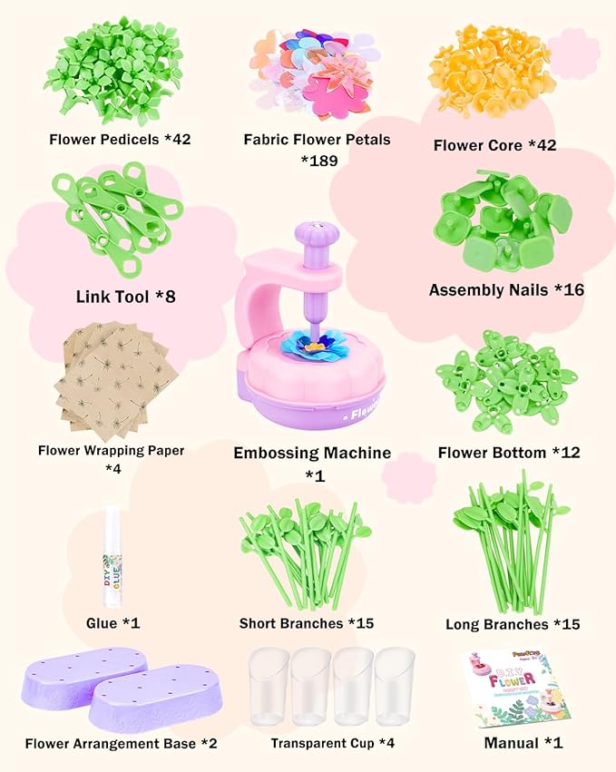 PERRYHOME Fabric Flower Bouquets Toys, 300+ Pcs DIY Flower Crafts for Kids, 2 Gameplays Educational Arts & Crafts Toy, Thanksgiving Birthday and Christmas Gift for 3 4 5 6 7 8 Years Toddler Girl