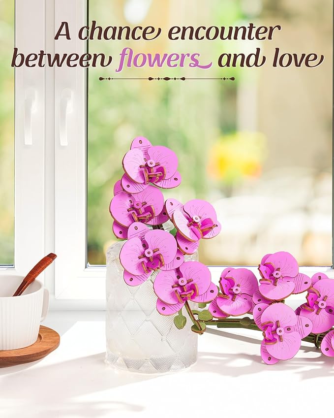 rowood Wooden Flower,3D Puzzles for Kids,Artifical Flower Botanical Collection Building Craft Kit,Mother's Day/Valentine's Day Purple Moth Orchid