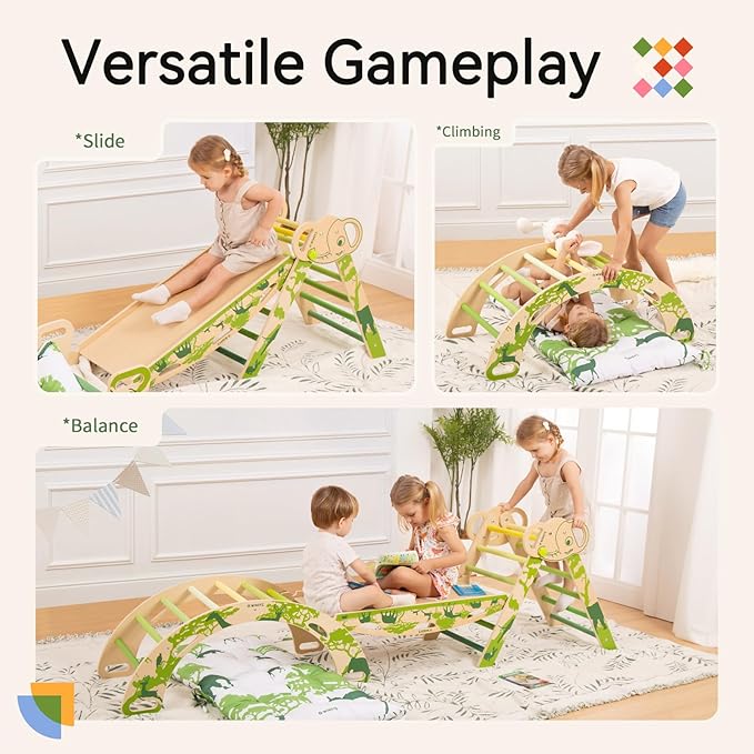Wingyz 8-in-1 Pikler Triangle Set with Cushion-Wooden Baby Climbing Toys with Arch, Ramp & Ladder | Montessori Toddler Climber Indoor Jungle Gym for 1-3 Year Olds (Green)