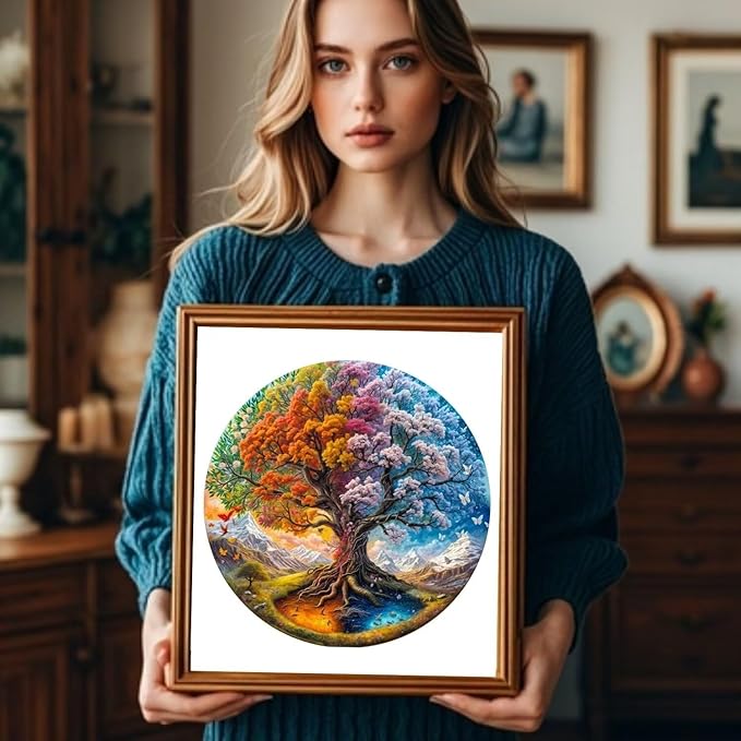 Wooden Puzzles Adults, Seasonal Tree of Life Wooden Puzzles 300 Pieces, Unique Animal Shaped Wood Challenging Jigsaw Puzzles for Adults, 13.4x13.4in