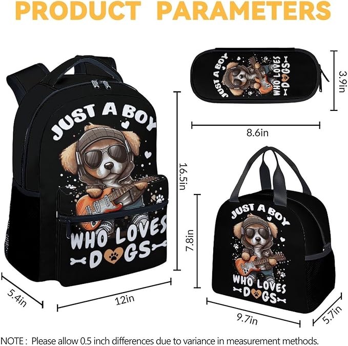 Dog Backpack with Lunch Box, Set of 3 School Backpacks Matching Combo, Cute Black Bookbag and Pencil Case Bundle