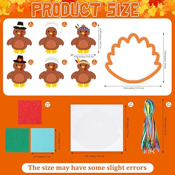 24 Sets Thanksgiving Turkey Crafts Kit DIY Tissue Paper Sign Crafts for Back to School Fall Harvest Thanksgiving Religious Christian Party Fun Home Actives