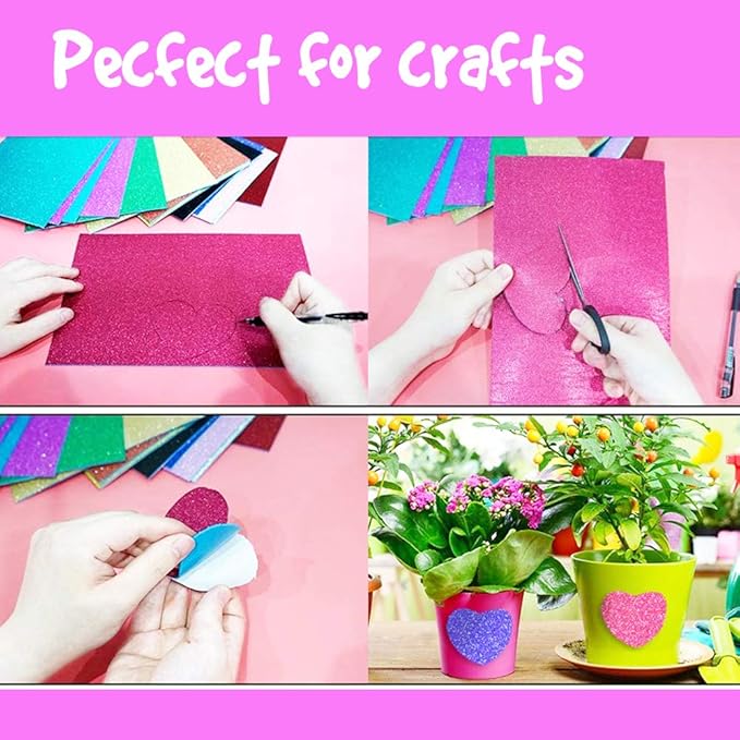 SALEMAR Pink Sticky Glitter Foam Sheets for Craft, 10 Packs Thick Self-Adhesive Sparkle EVA Paper Stickers for School Projects, 30 x 20cm
