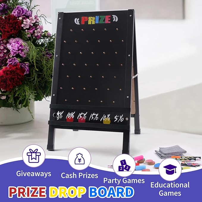 Prize Drop Game Board, 15.7"X27.5" Double-Sided Foldable Design with Wooden A-Frame Chalkboard Sign for Family, Carnival, Trade Show & Party-Includes 10 Coin Drop Discs and Chalk Set, Portable Design