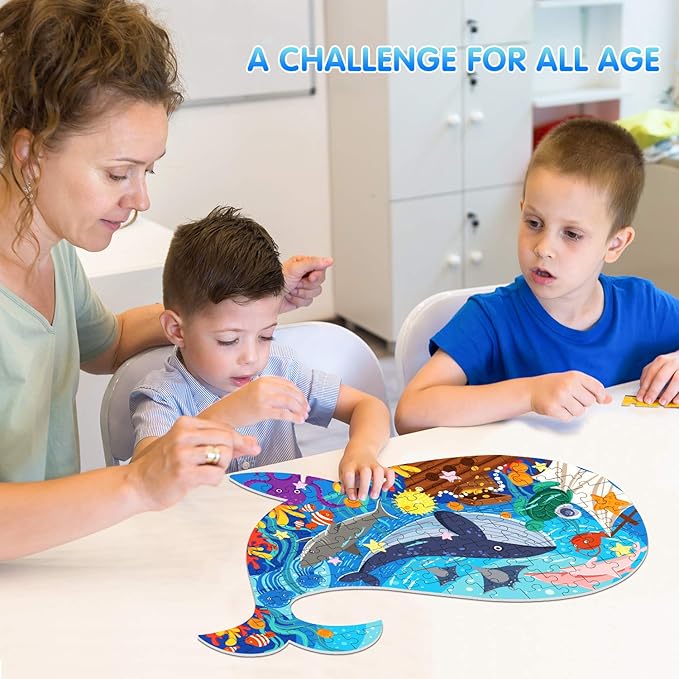Jigsaw Puzzles for Kids Ages 4-8, 108 Pieces Whale Shaped Cardboard Puzzles for Animal Lovers, Sturdy Floor Puzzles Box and Poster, Educational Toys Gift for Boys Girls, 23.38 x 14.72 Inch