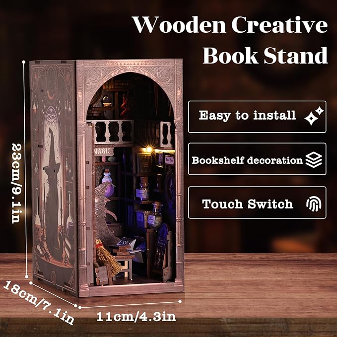 Magic Wizard Cat 3D Book Nook Kit, DIY Miniature House Booknook Dollhouse Kit for Adults and Teens, 3D Wooden Puzzle Bookend Bookshelf Insert Decor, Mini Magic House Model Build Gift