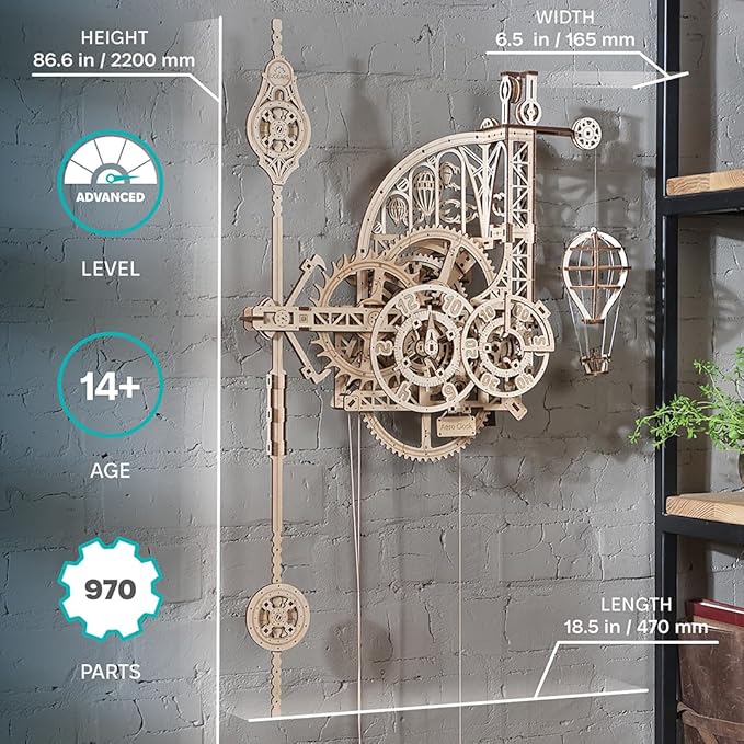 UGEARS Wooden 3D Puzzles for Adults Aero Clock - Mechanical Puzzles for Adults, Wall 3D Clock Puzzle with Pendulum Model Kit - DIY Miniature Kit Crafts Gift for Birthday - 320 Pcs
