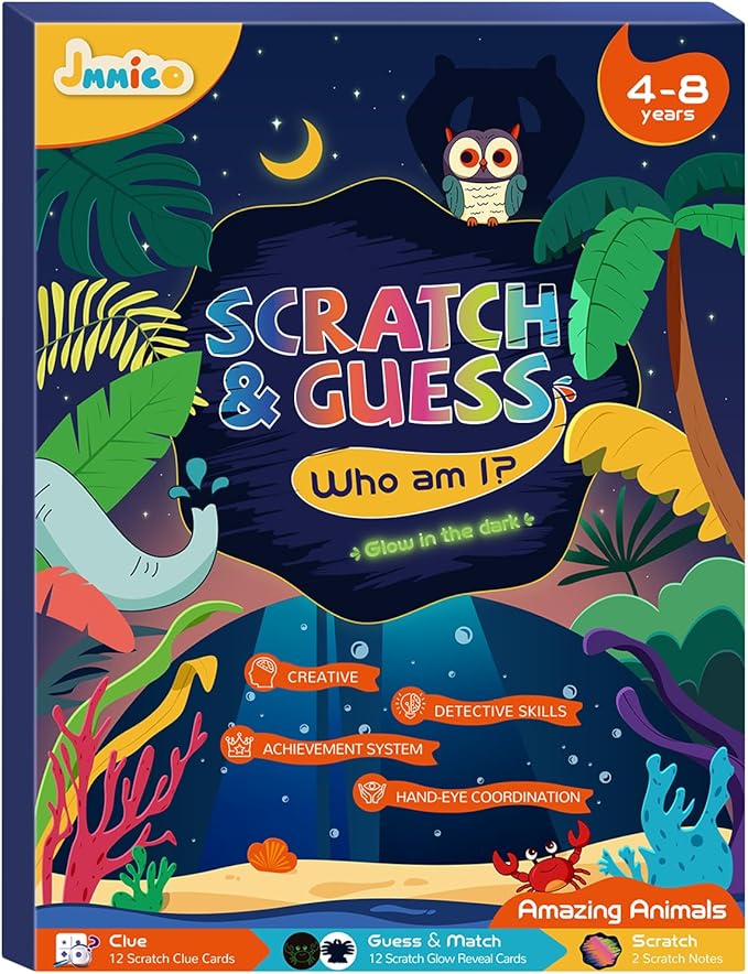 Glow-in-The-Dark Scratch & Guess Animal Cards, with 2 Pack Rainbow Scratch Notebooks, Mess Free Toddler Craft, Crafts for Kids Ages 4-8, Travel Party Gifts for 4 5 6 7 8 9 Year Old Girls Boys