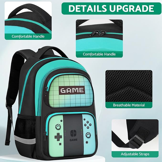 Kids Backpack For Boys,Gamer Boys Backpack For Children Teens Elementary Middle School, 17″ Students Bookbag
