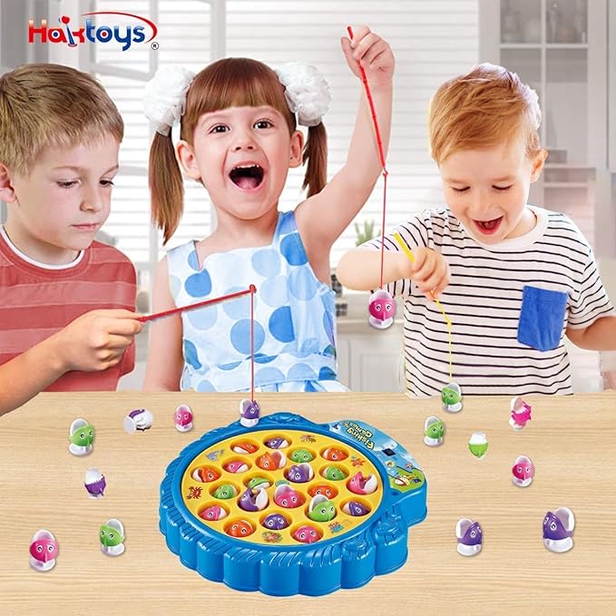 Haktoys Fishing Game Play Set Includes 21 Fish and 4 Fishing Poles on Rotating Board with Music On/Off Switch, Ocean Animal Sticker Book with Reusable Stickers | Board Game for 1-4 Players