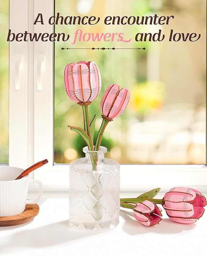 rowood Wooden Flower,3D Puzzles for Adults,Artifical Flower Botanical Collection Building Kit,Mother's Day/Valentine's Day Pink Tulip