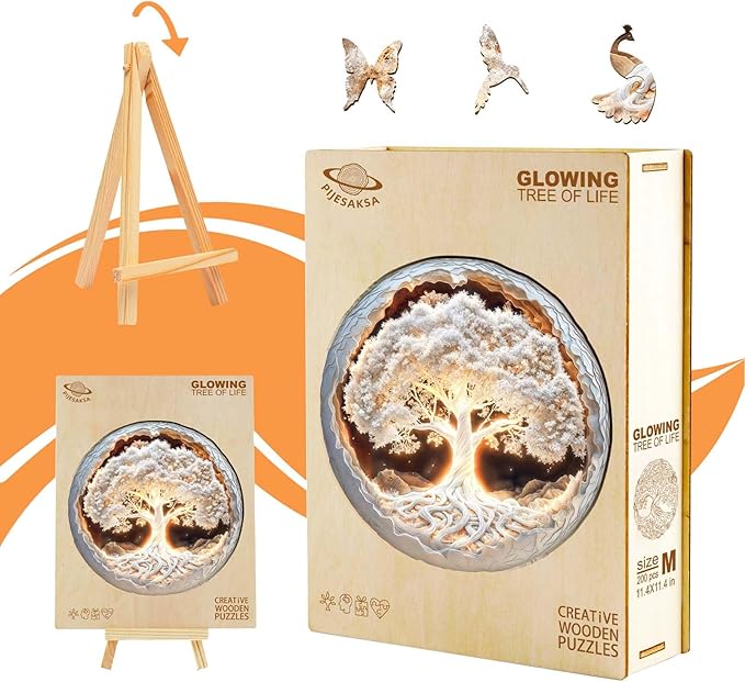 Wooden Puzzles for Adults - Tree of Life Puzzle, Unique Shape Wooden Jigsaw Puzzles for Adults, White Paper Cut Puzzle, Gifts for Friends and Family, Home Decor (M-11.4 * 11.4in -200 Pieces)