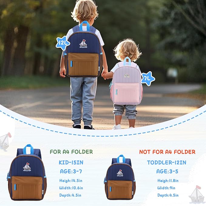 VASCHY Toddler Boys Backpack, Kids' Small Lightweight Quilted Color-blocked Bookbag School Backpack for Kindergarten Children Navy Brown