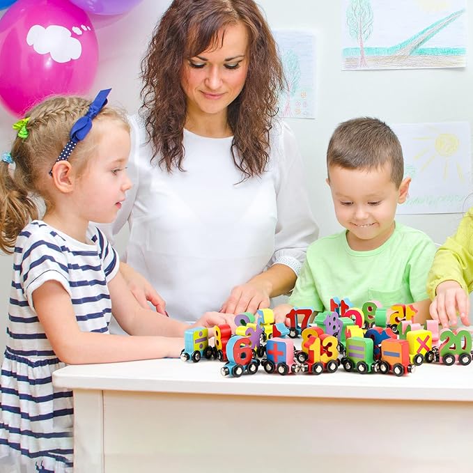 Wondertoys 27 PCS Wooden Magnetic Number Train Set Toy Compatible with Major Brands Train Set Tracks