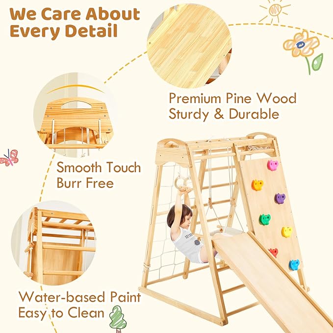 FUNLIO 8-in-1 Wood Indoor Playground for Kids 3-8 Years, Larger & Heavier Climbing Toys with Solid Pine, Indoor Gym for Kids with Swing/Slide/Climbing Rock/Net/2 Ladders/Monkey Bars/Gymnastic Rings